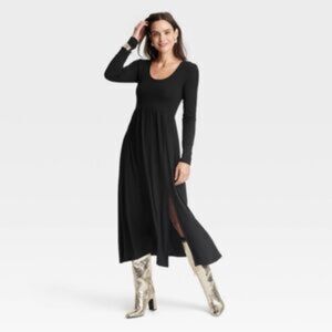 A New Day Long Sleeve Scoop Neckline Maxi Dress M Pockets Black Swan Balletcore